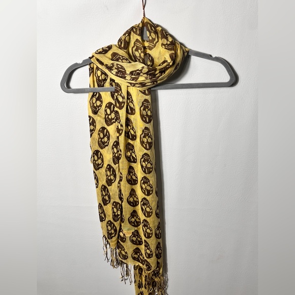 Tasha Pashmina Silk Yellow and Brown Skull Scarf - Picture 3 of 7